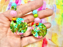 Load image into Gallery viewer, Green Turquoise & Pink 1 in. Round Beaded Hoops