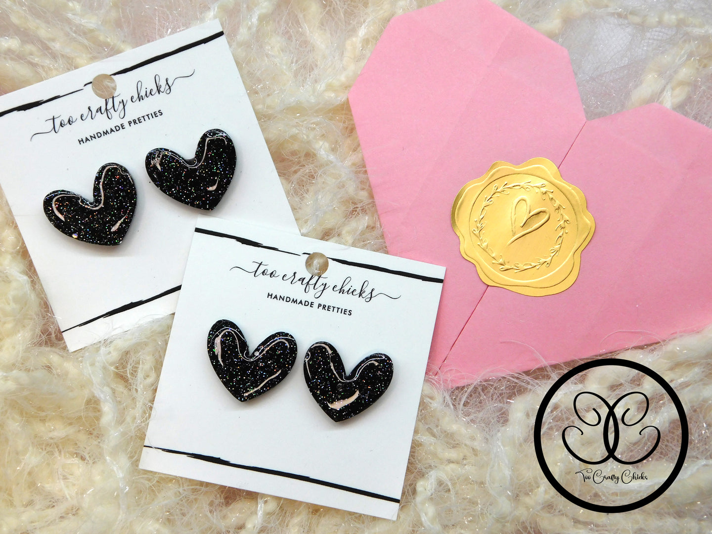Large Black Valentine Heart Stud Earrings