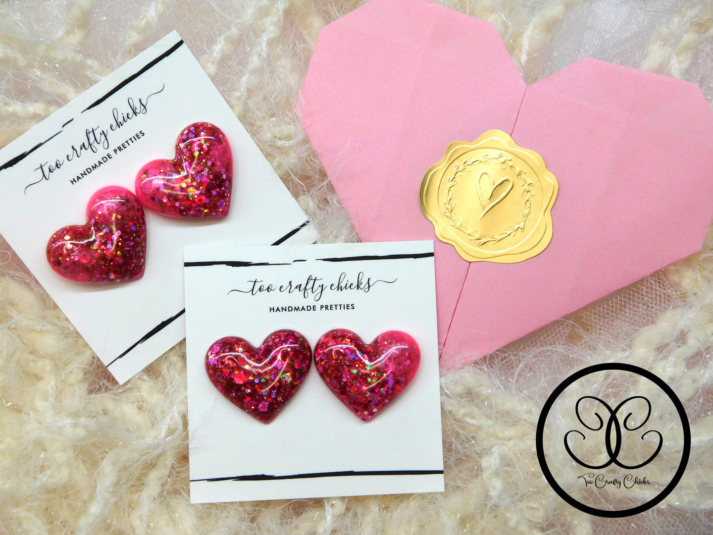 Large Domed  Pink & Red Valentine Heart Stud Earrings