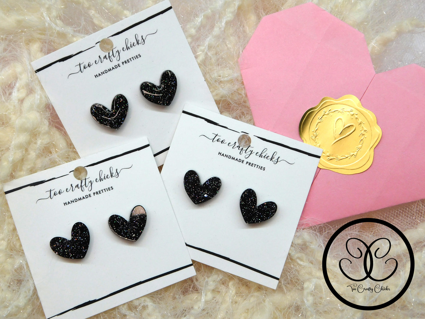 Small Black Valentine Heart Stud Earrings