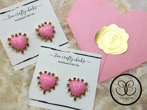 Pink Metal Valentine Heart Stud Earrings w/ Rhinestones