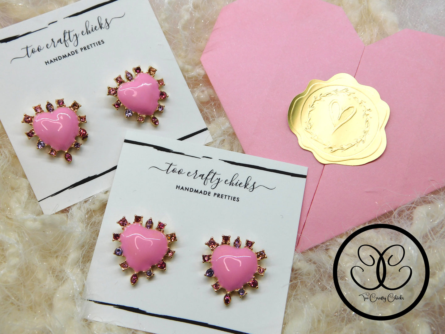Pink Metal Valentine Heart Stud Earrings w/ Rhinestones
