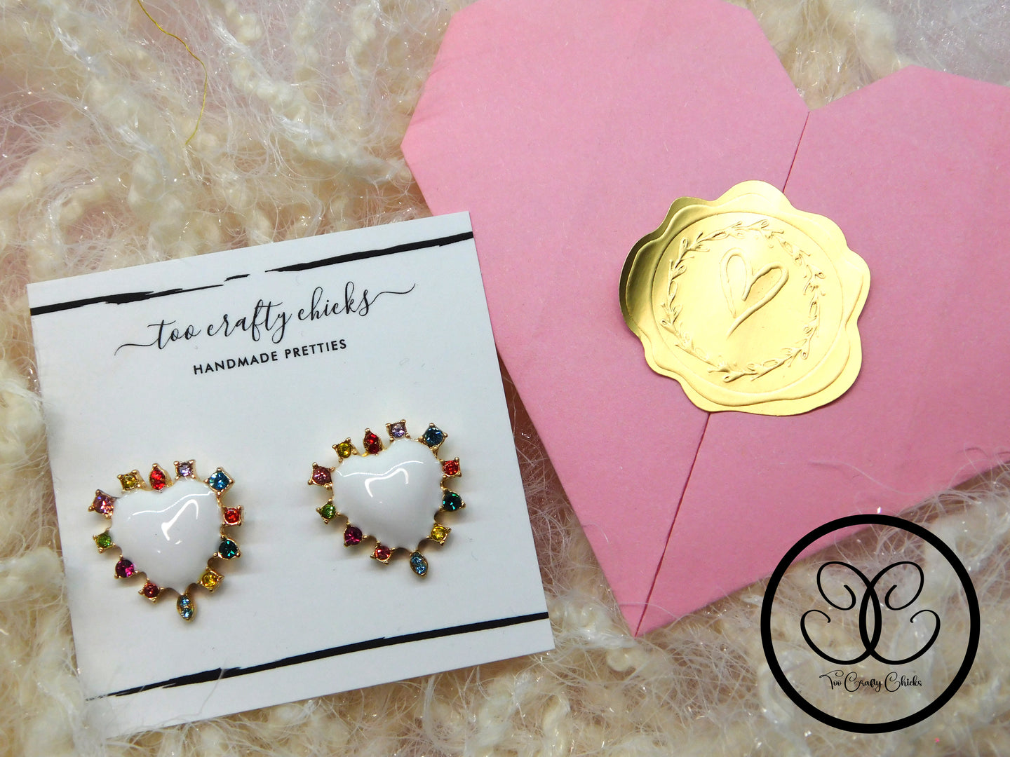 White Metal Valentine Heart Stud Earrings w/ Rhinestones