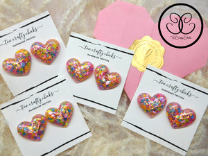 Large Domed Confetti Valentine Heart Stud Earrings
