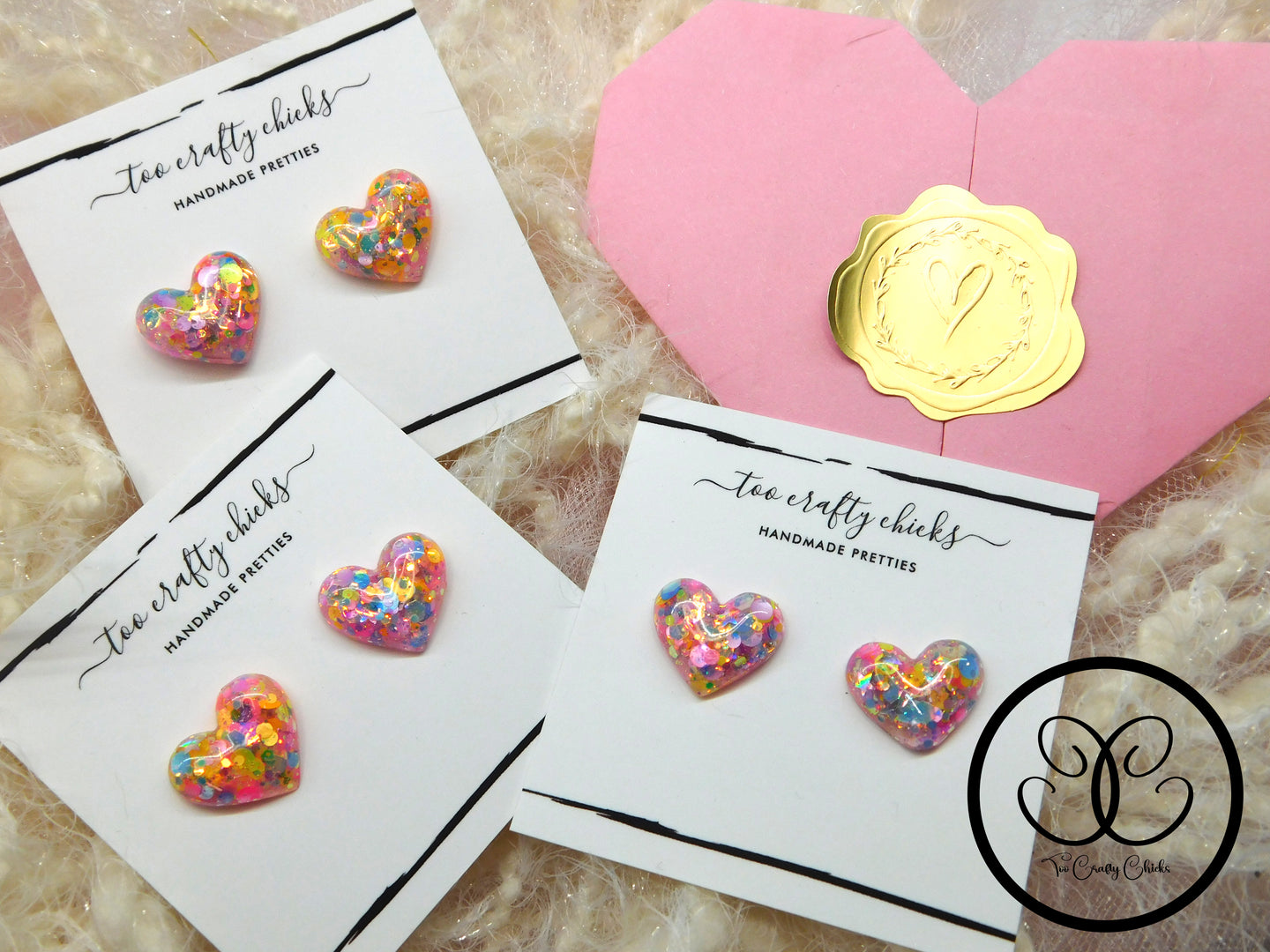 Small Domed Confetti Valentine Heart Stud Earrings