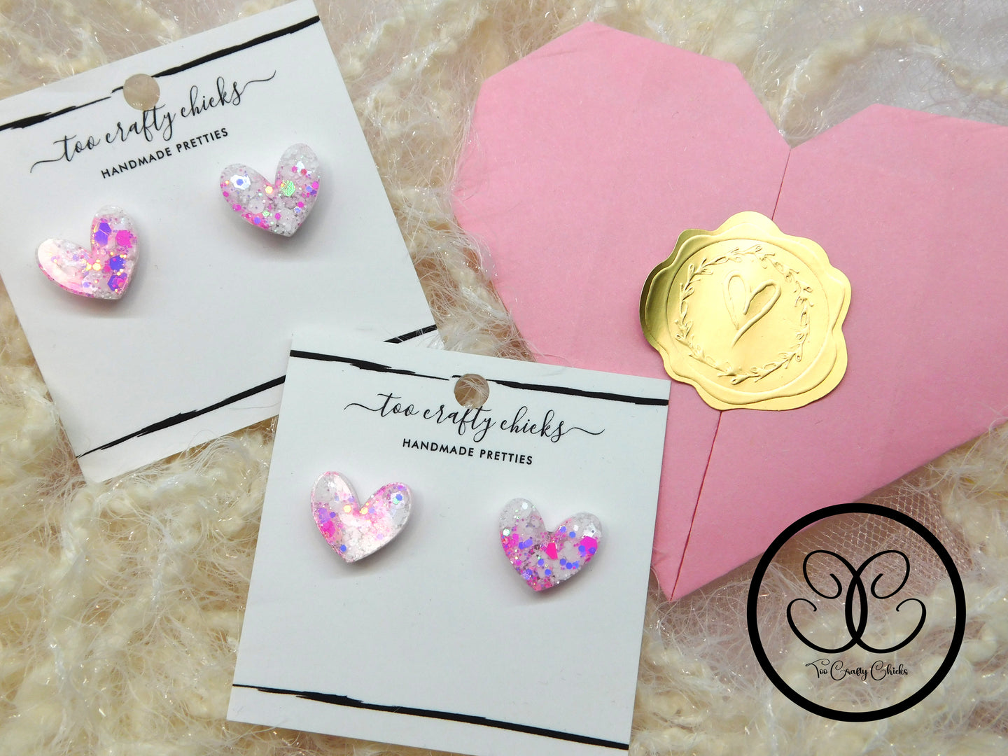 Small Pink & White Valentine Heart Stud Earrings