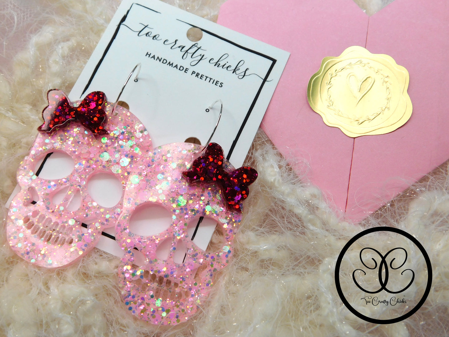 Pink Skull Dangles w/ Red Bows on Hoops Earrings