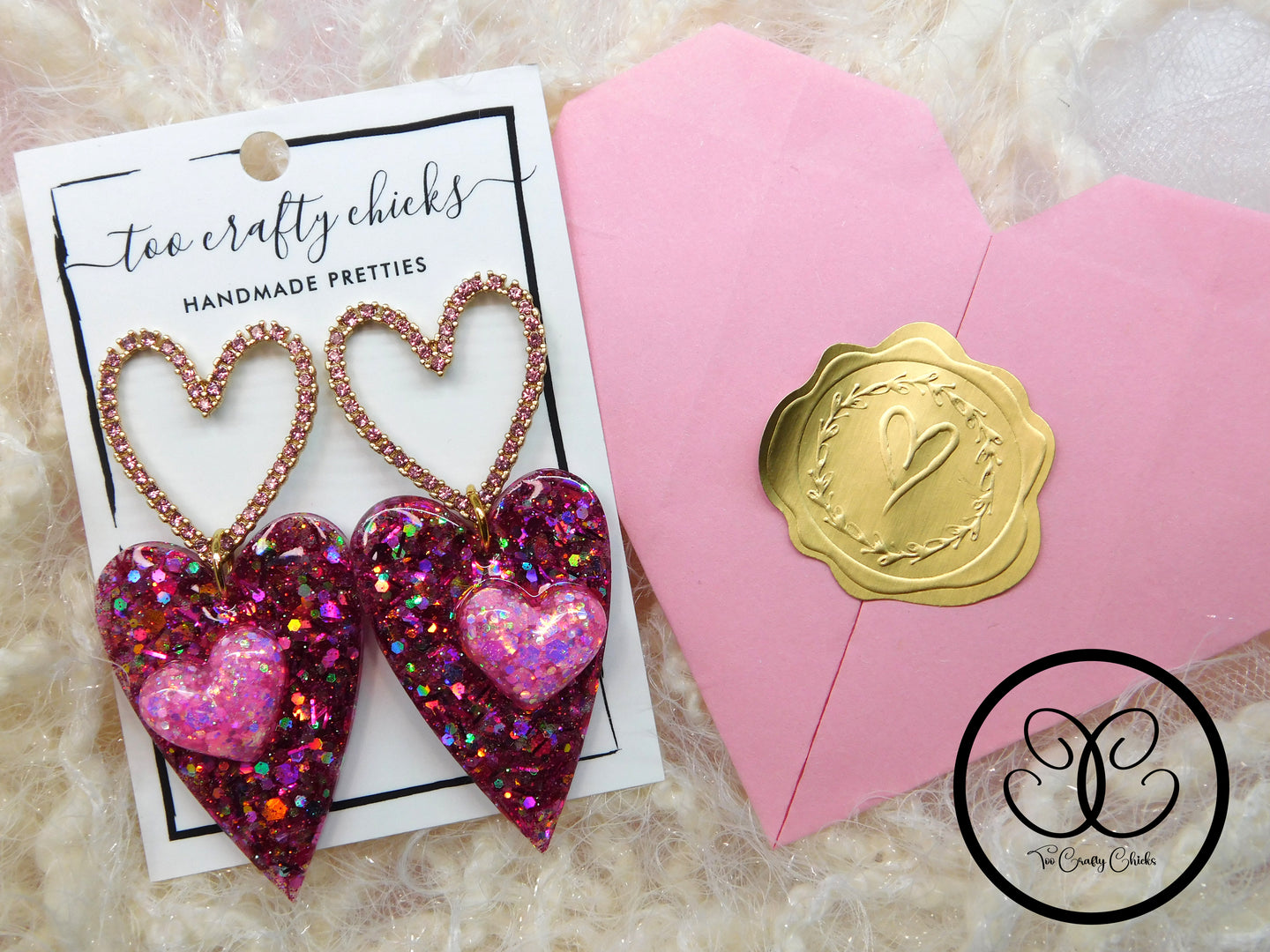 Large Pink Heart Dangles w/ Metal Heart Tops