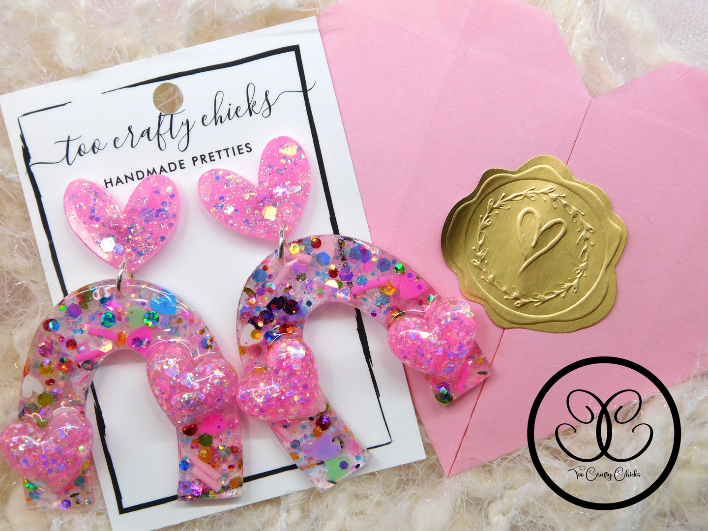Pink & Confetti Heart Rainbow Dangles