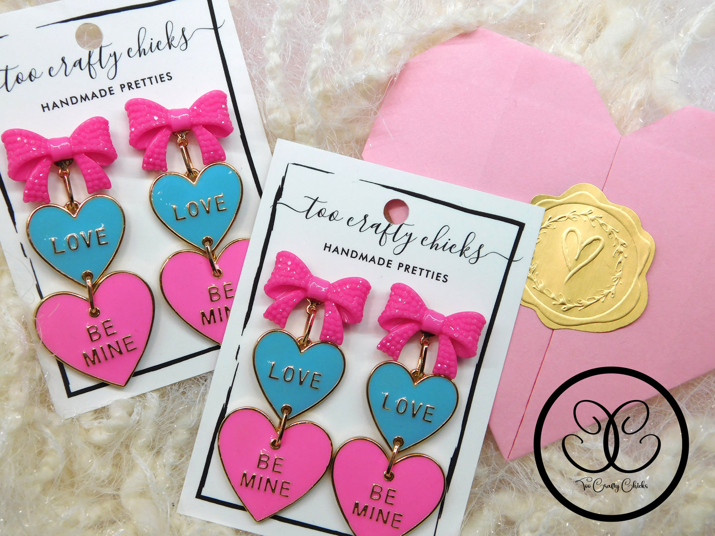 Pink & Blue Metal Candy Heart Dangles w/ Heart Tops