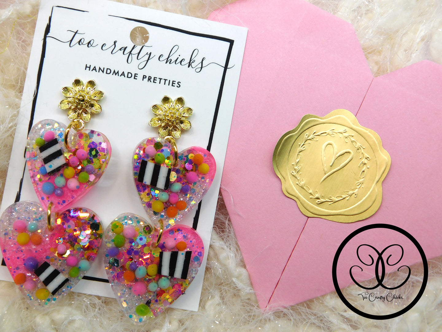 Party Pants 2 Tier Heart Dangles w/ Gold Metal Flower Tops