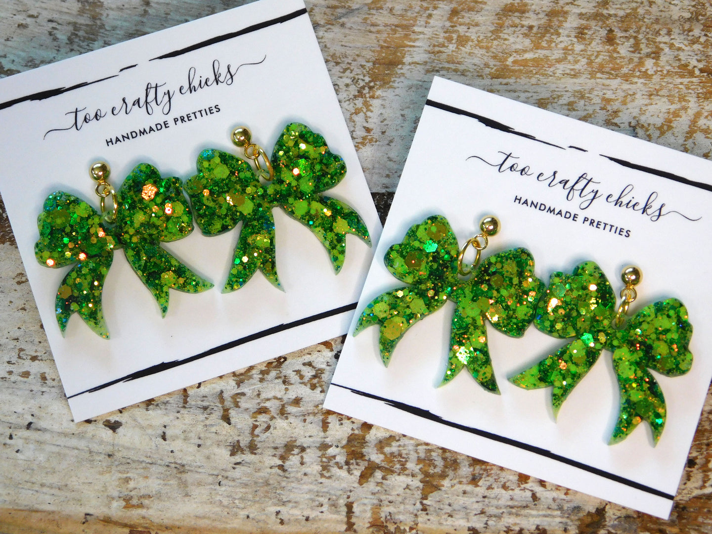 Green Bow on Gold Metal Ball Stud Dangle Earrings [pre-order]