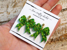 Load image into Gallery viewer, Green Bow on Gold Metal Ball Stud Dangle Earrings [pre-order]
