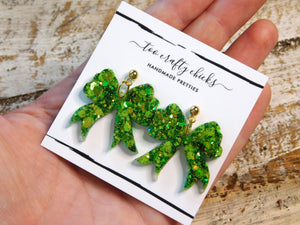 Green Bow on Gold Metal Ball Stud Dangle Earrings [pre-order]