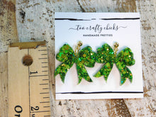 Load image into Gallery viewer, Green Bow on Gold Metal Ball Stud Dangle Earrings [pre-order]
