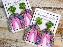 Load image into Gallery viewer, Four Leaf Clover Pink &amp; Chandler Confetti Rainbow Dangle Earrings [pre-order]
