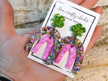 Load image into Gallery viewer, Four Leaf Clover Pink &amp; Chandler Confetti Rainbow Dangle Earrings [pre-order]
