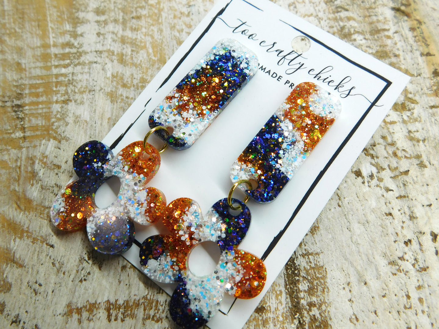 Orange Navy & White Flower Exclamation Dangles