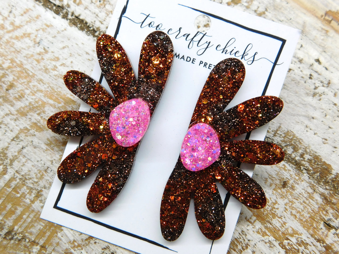 Oversized Brown & Pink Flower Studs