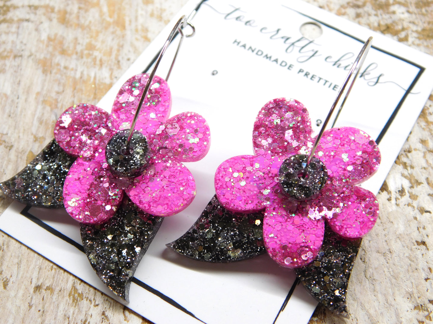Small Pink & Grey Flower Hoops