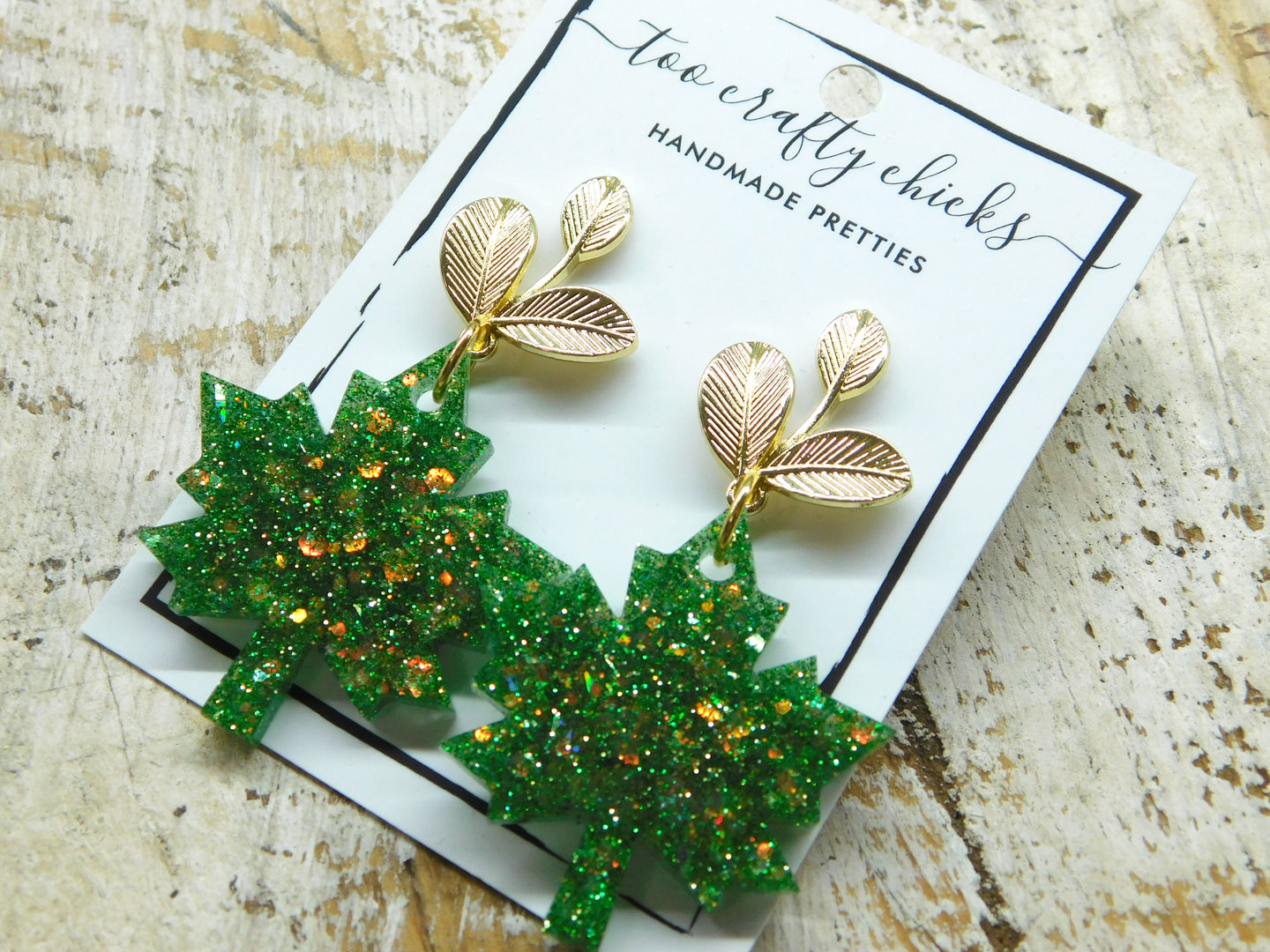 Green Leaf Dangles w/ Gold Metal Leaf Tops