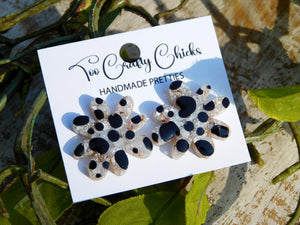 Hand Painted Black & Beige Polka Dot Flower Studs