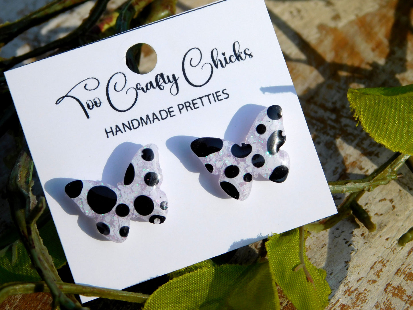 Hand Painted Black & White Polka Dot Butterfly Studs