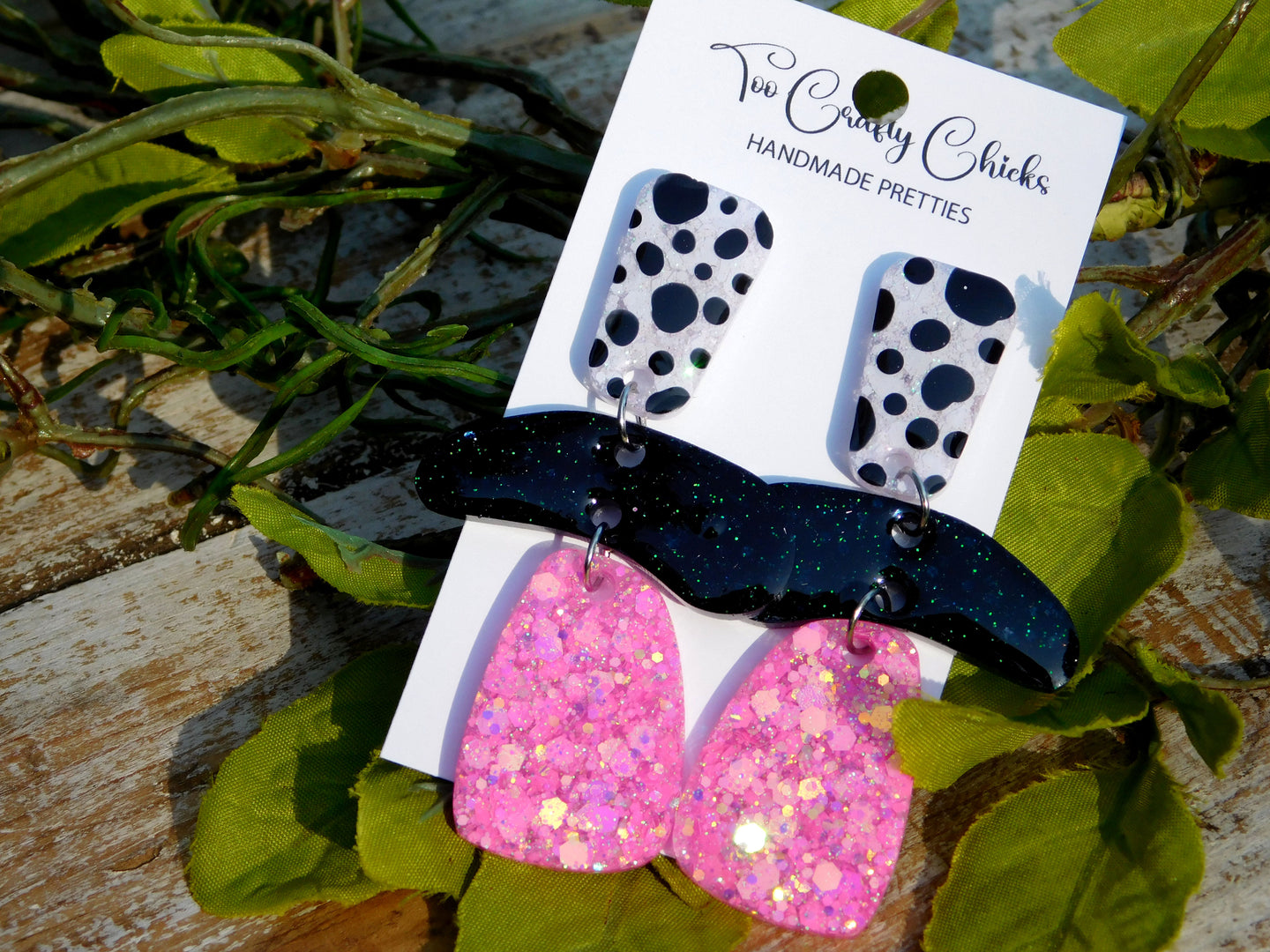 Hand Painted Pink with Black & White Polka Dots 3 Tier Dangles