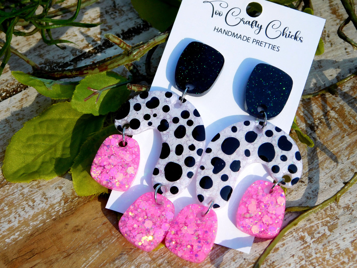 Hand Painted Pink with Black & White Polka Dots 3 Tier Dangles
