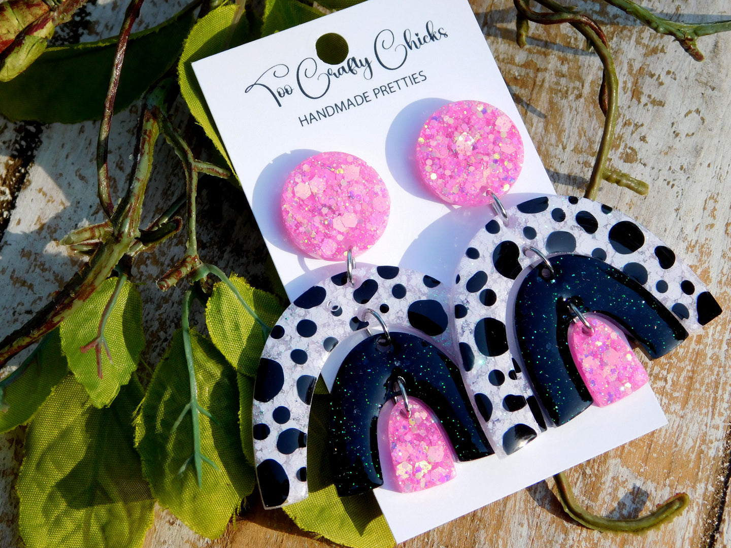 Hand Painted Pink with Black & White Polka Dots Double Rainbow Dangles
