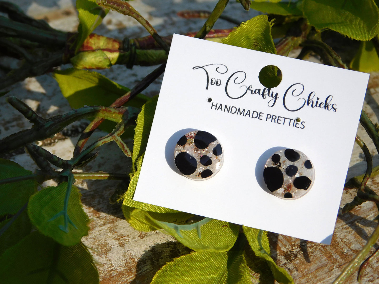 Hand Painted Black & Beige Polka Dot 1/2 in. Studs