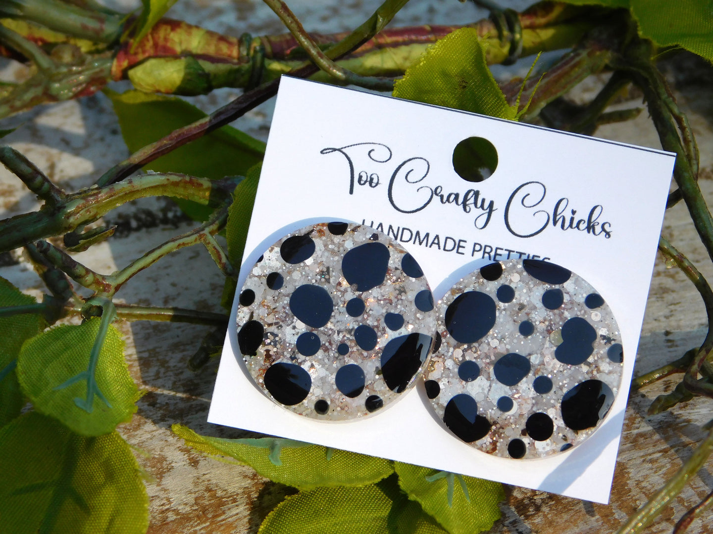 Hand Painted Black & Beige Polka Dot 1 in. Studs