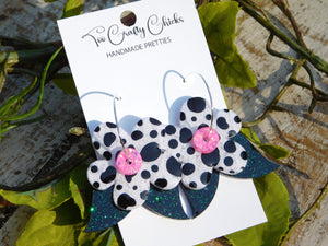 Hand Painted Pink, Black & White Polka Dot Flower Hoops