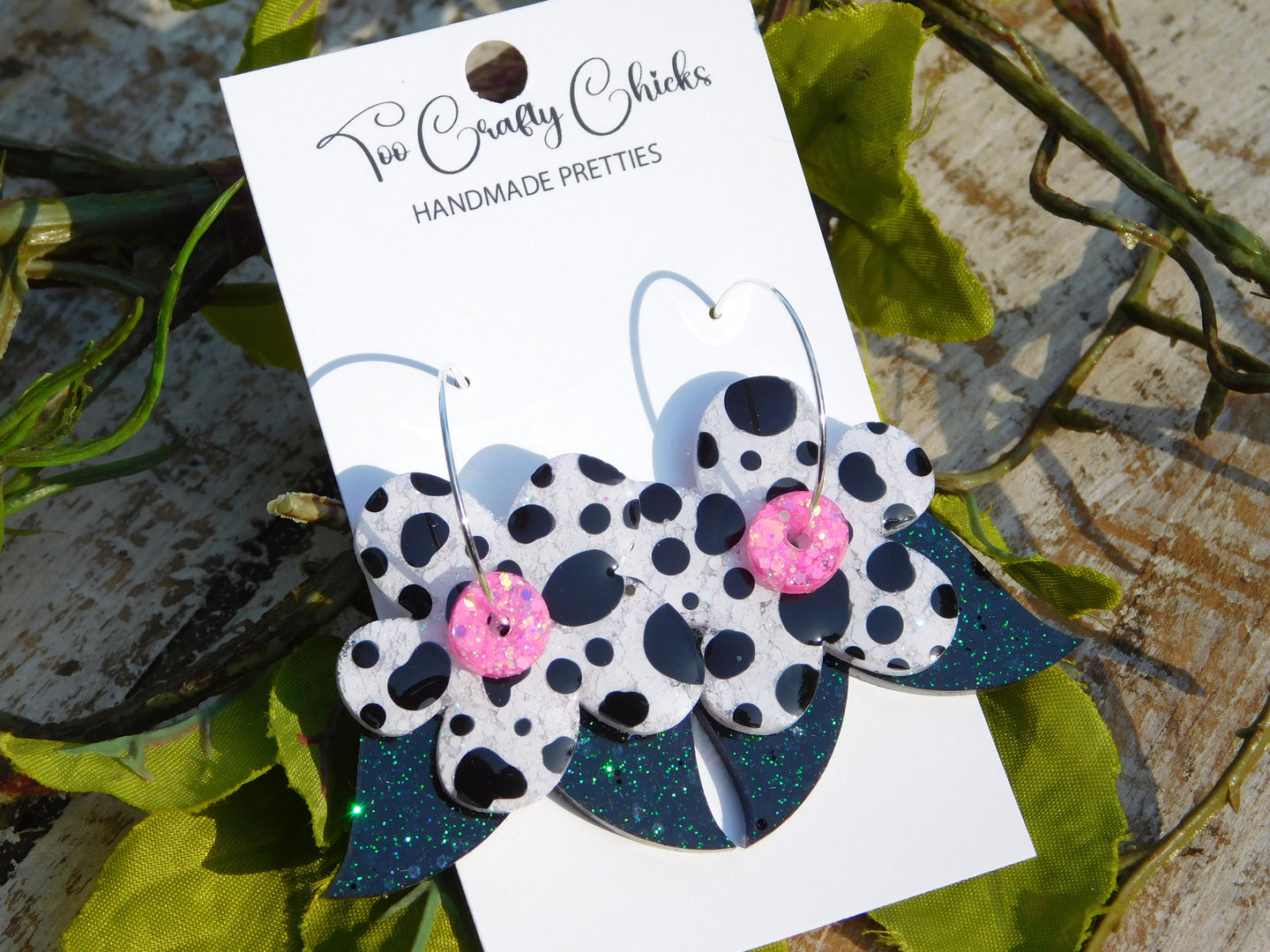 Hand Painted Pink, Black & White Polka Dot Flower Hoops