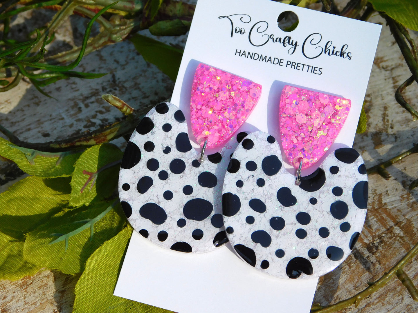 Hand Painted Pink, Black & White Polka Dot U-Turn Dangles