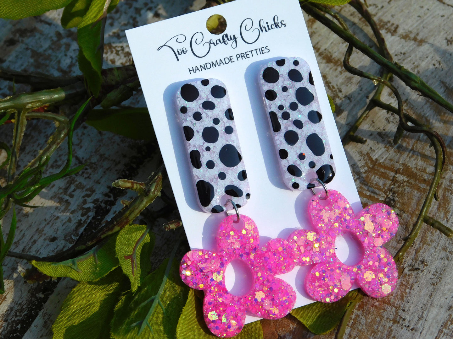 Hand Painted Pink, Black & White Polka Dot Flower Exclamation Dangles