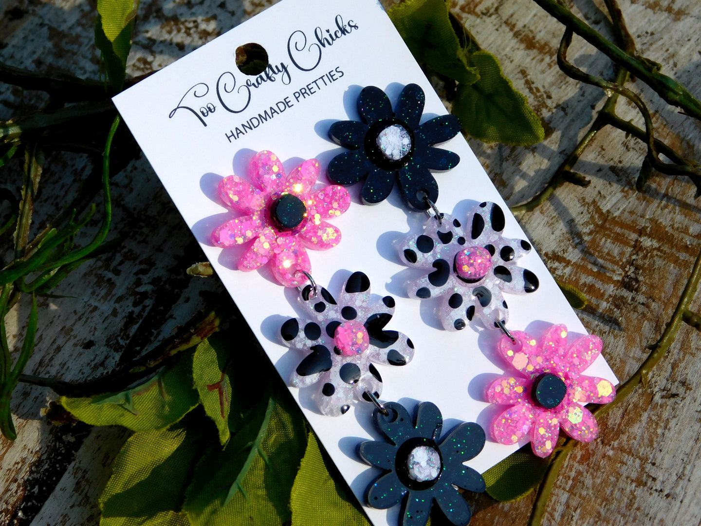 Hand Painted Pink, Black & White Polka Dot 3 Tier Flower Dangles