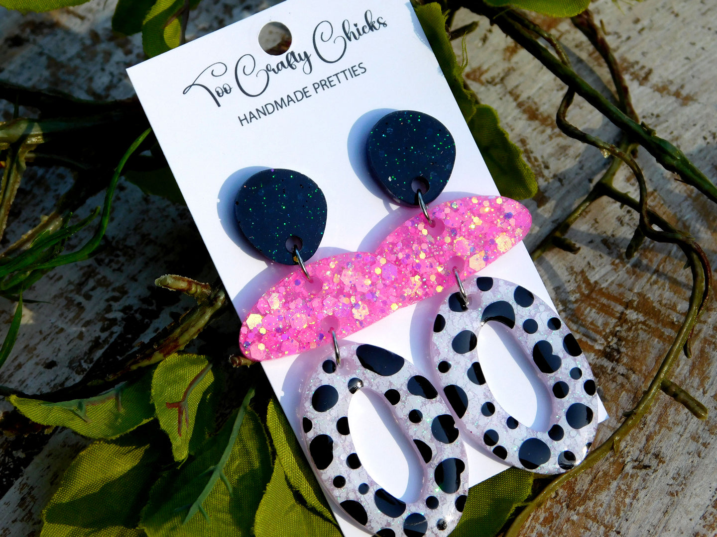 Hand Painted Pink, Black & White Polka Dot 3 Tier Oval Dangles