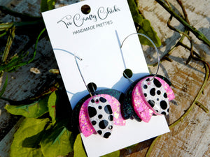 Hand Painted Pink with Black & White Polka Dot Tulip Hoops