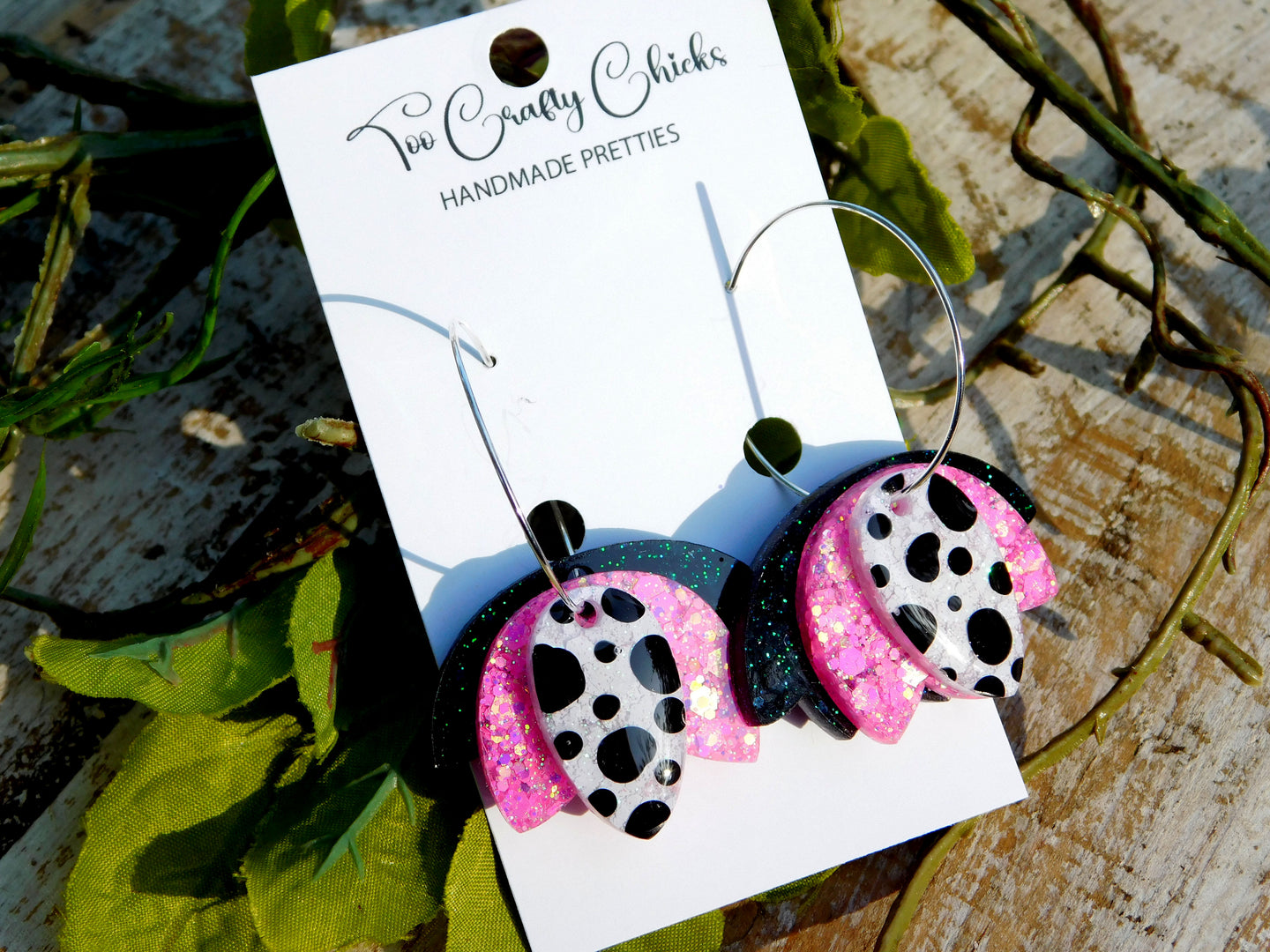 Hand Painted Pink with Black & White Polka Dot Tulip Hoops
