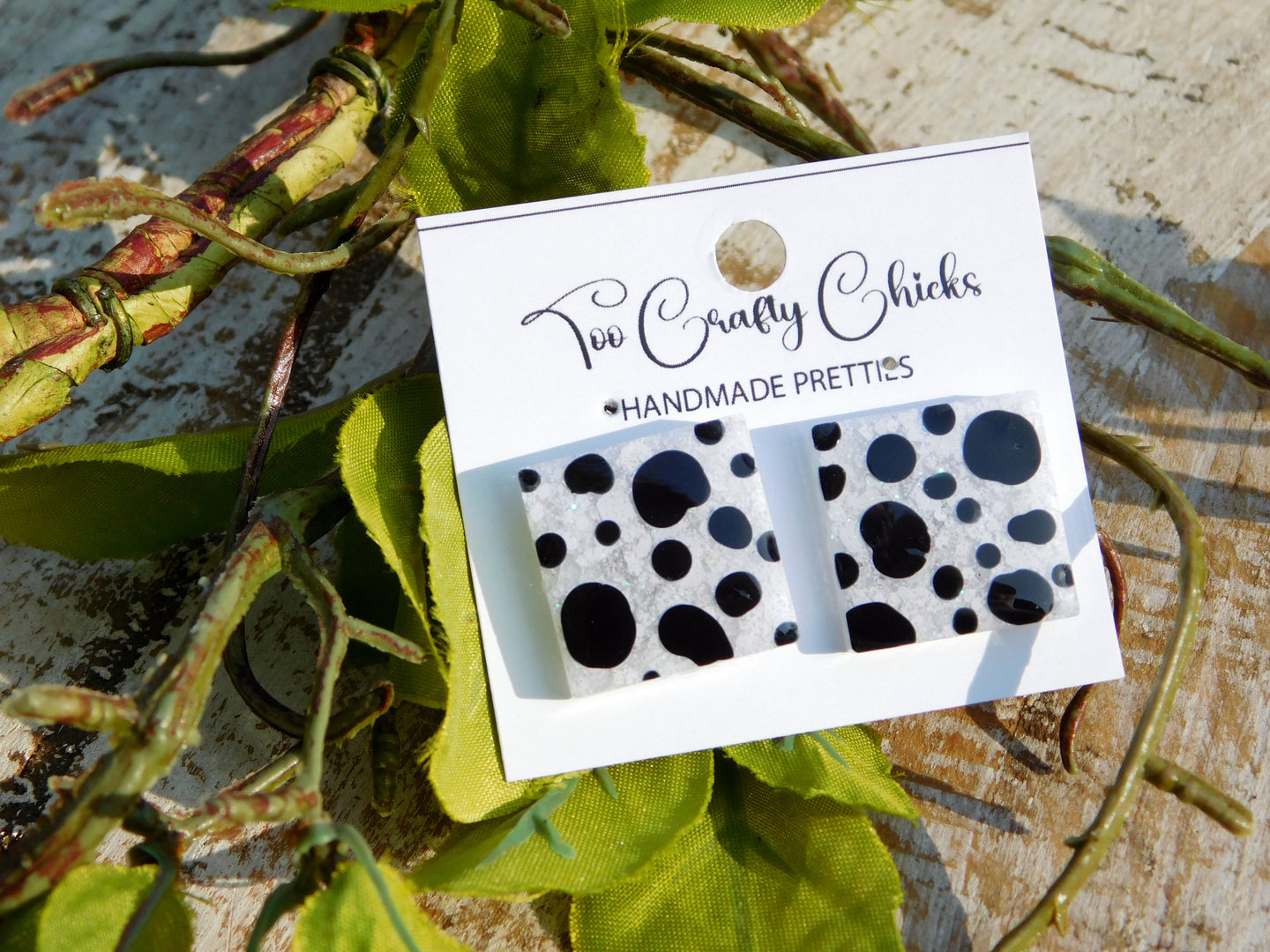 Hand Painted Pink with Black & White Polka Dot Square Studs