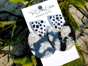 Hand Painted Black, White & Beige Polka Dot U-Turn Dangles