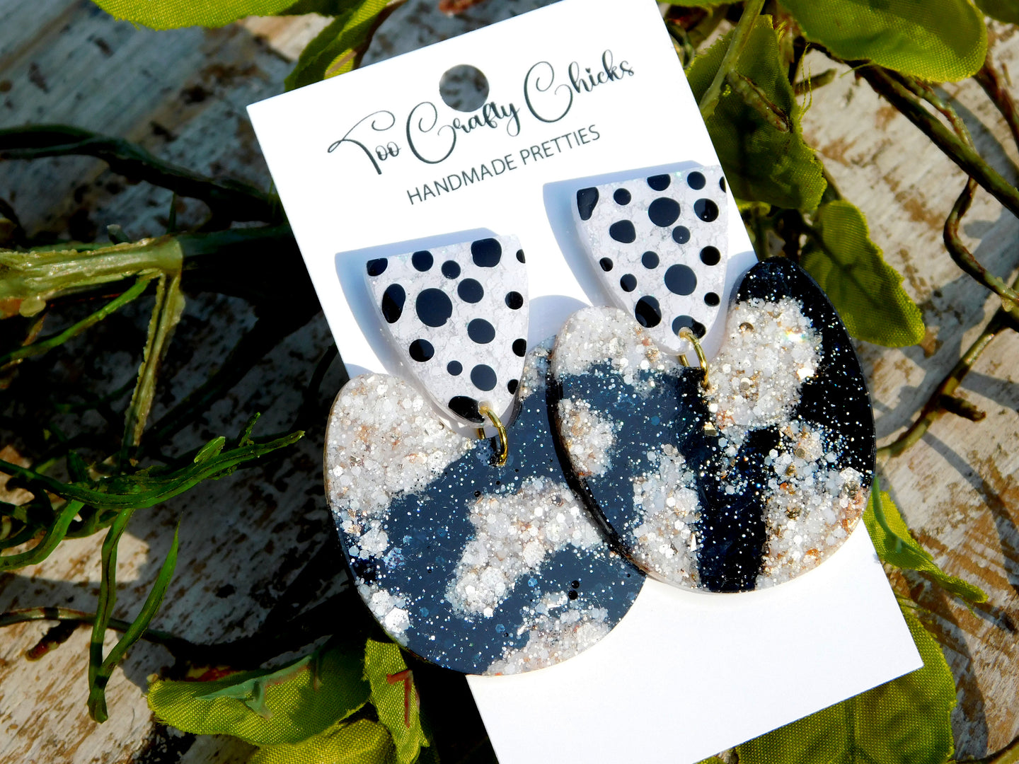 Hand Painted Black, White & Beige Polka Dot U-Turn Dangles