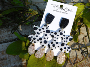 Hand Painted Black, White & Beige Polka Dot Floral Dangles