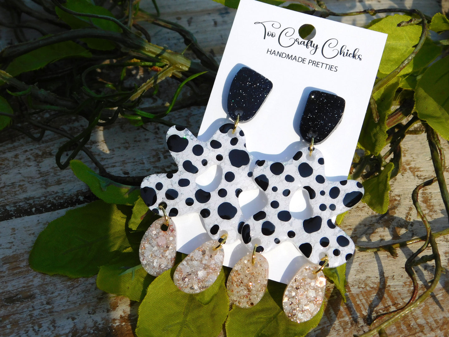 Hand Painted Black, White & Beige Polka Dot Floral Dangles