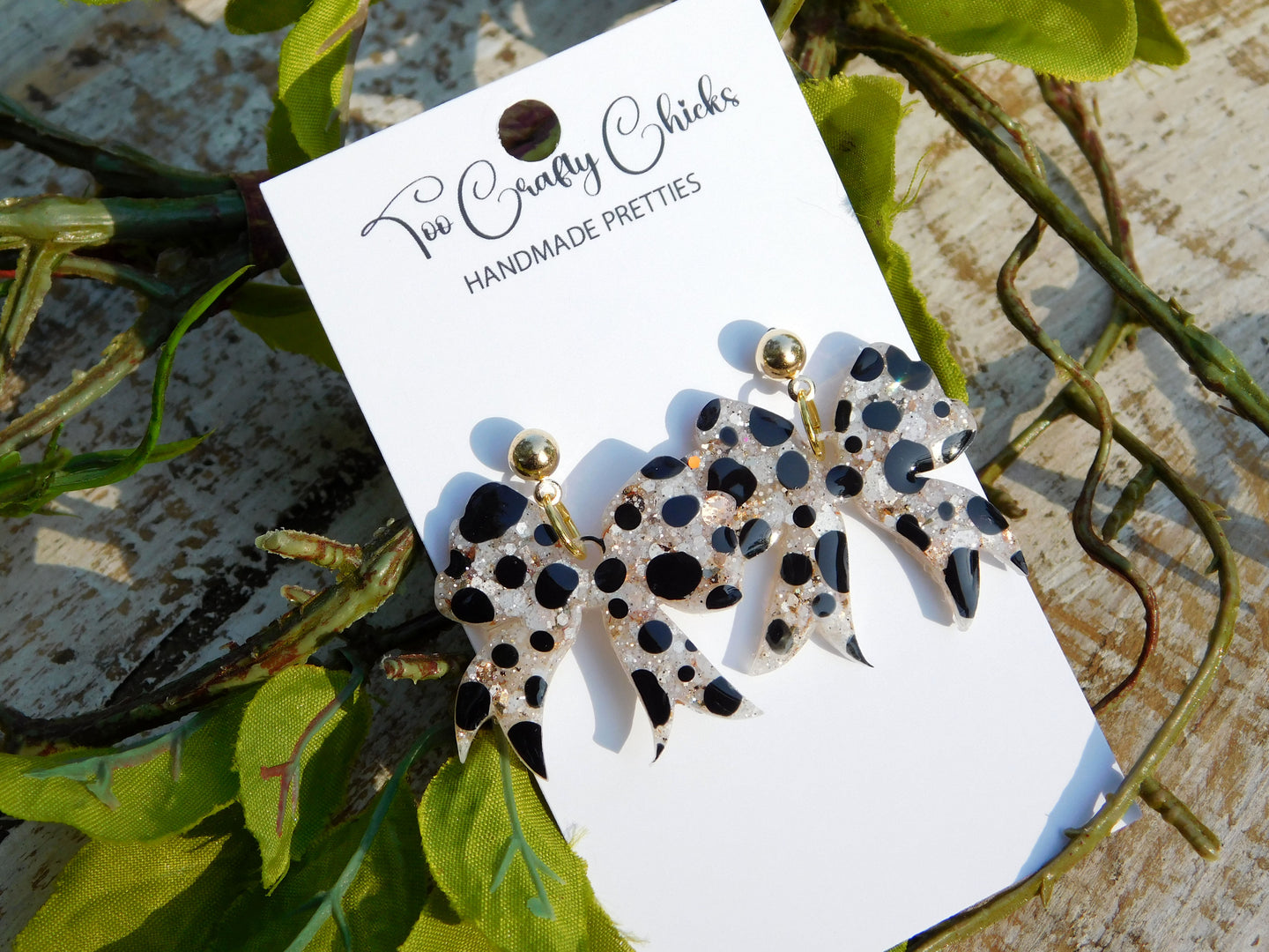 Hand Painted Black & Beige Polka Dot Bow Dangles