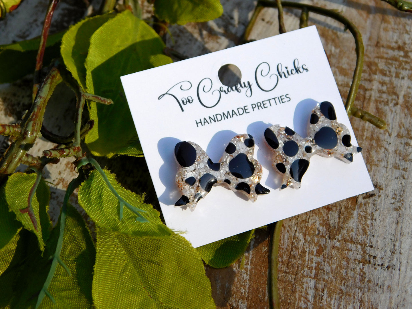 Hand Painted Black & Beige Polka Dot Bow Studs