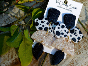 Hand Painted Black, White & Beige Polka Dot 4 Tier Dangles