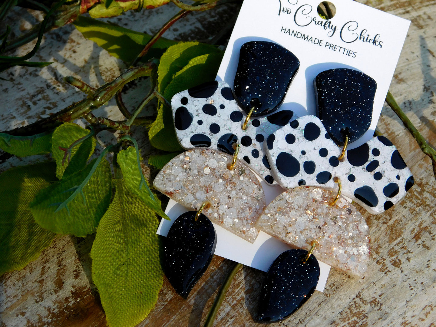 Hand Painted Black, White & Beige Polka Dot 4 Tier Dangles