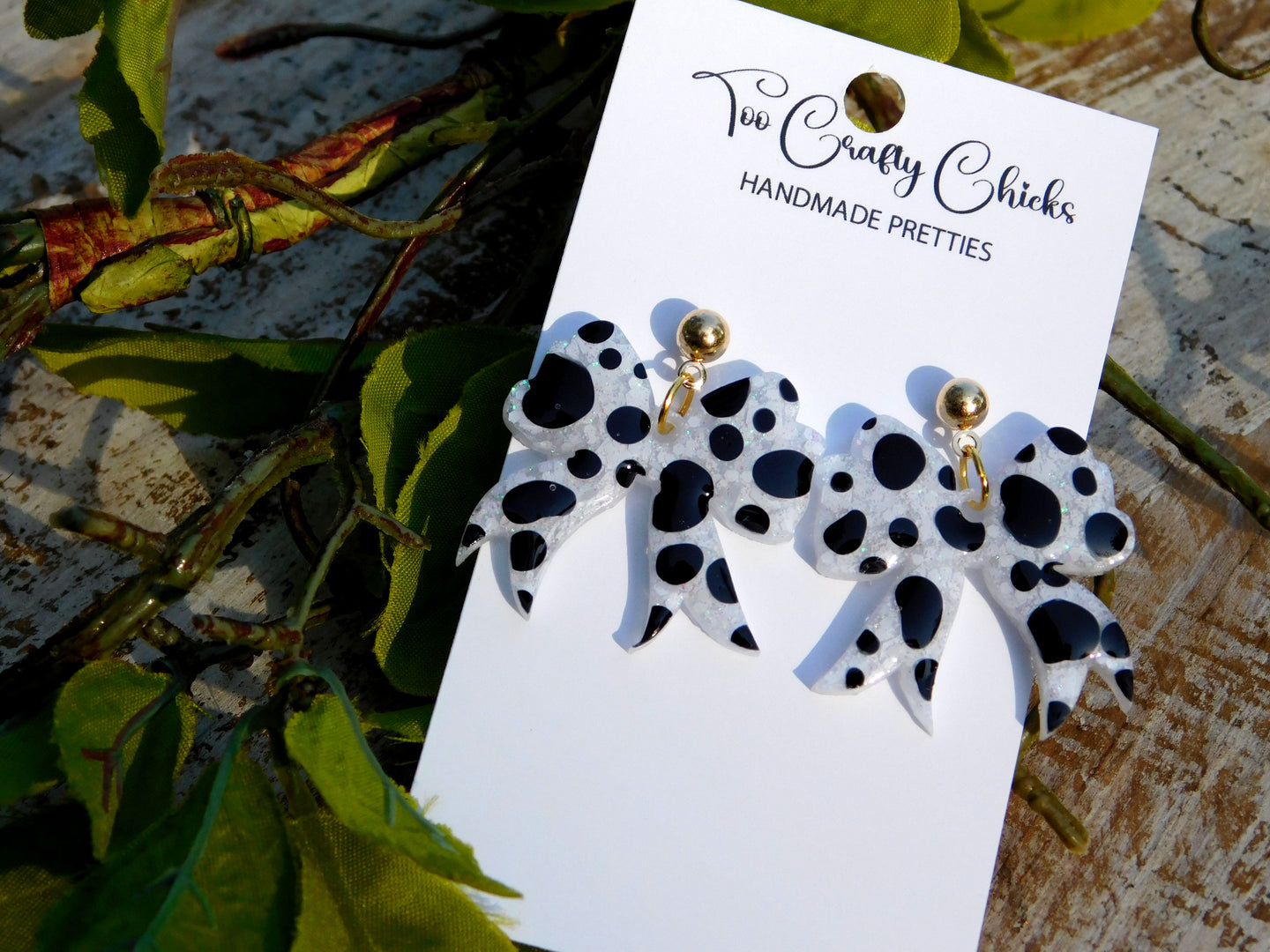Hand Painted Black & White Polka Dot  Bow Dangles